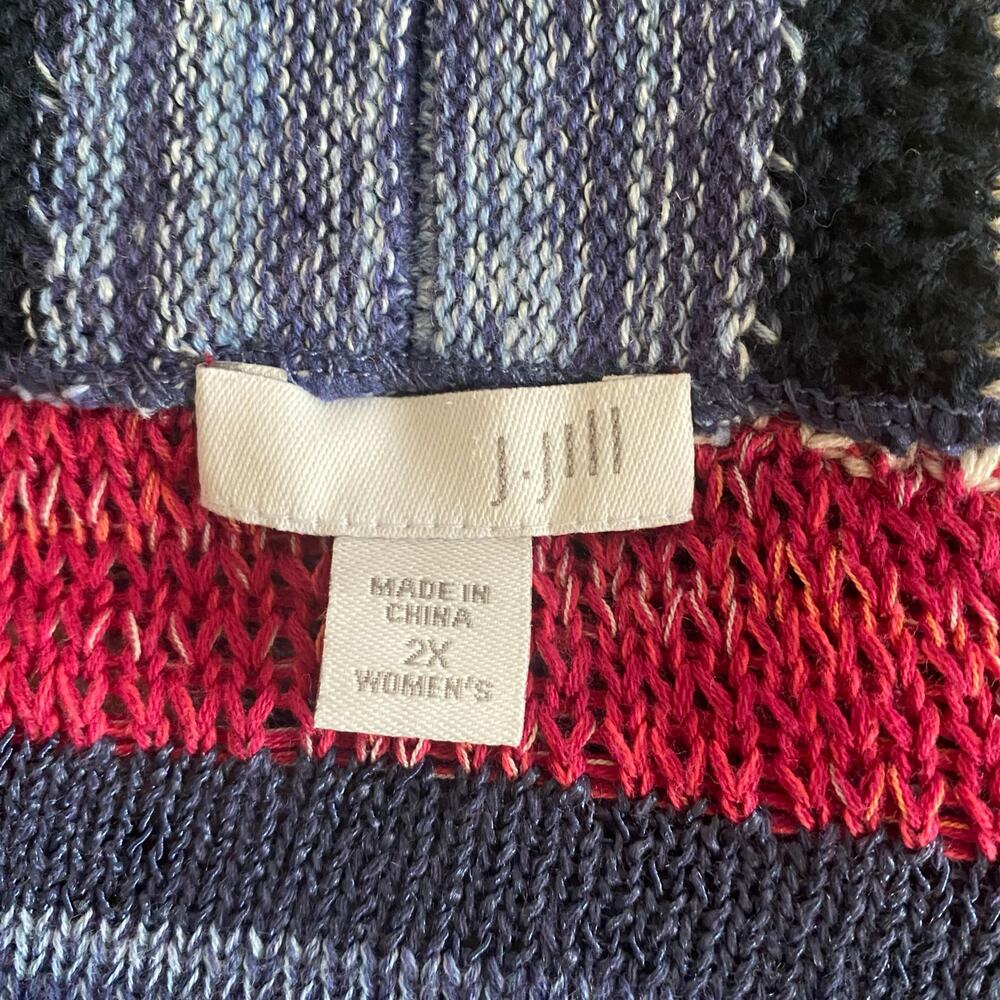 J. Jill Women 2X Shawl Collar Duster Cardigan Cotton Linen Blue Red Striped Cozy - Picture 2 of 8